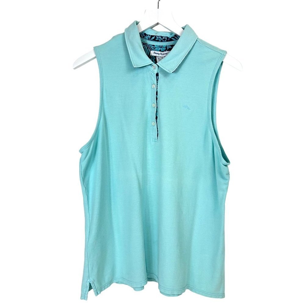 Tommy Bahamas Polo Top Women XL Aqua Sleeveless Golf Performance Travel